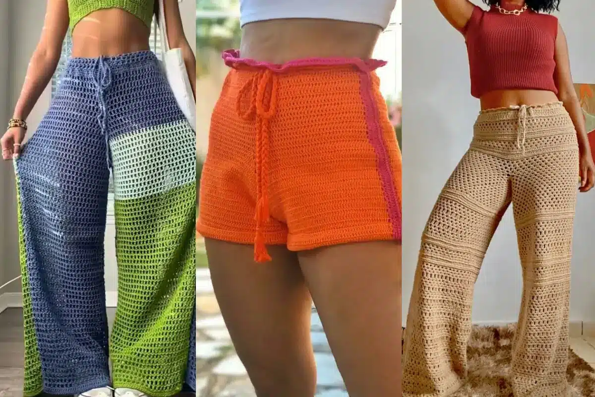Modelos de shorts e calças de crochê em tons vibrantes e naturais.