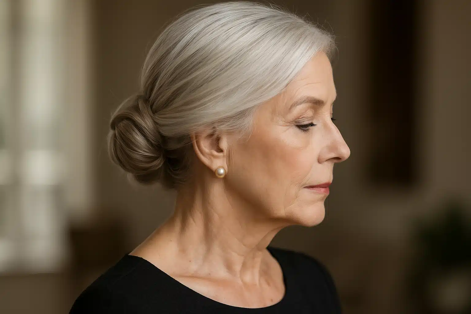 Mulher idosa de cabelos grisalhos presos em coque, vestindo brincos de pérola