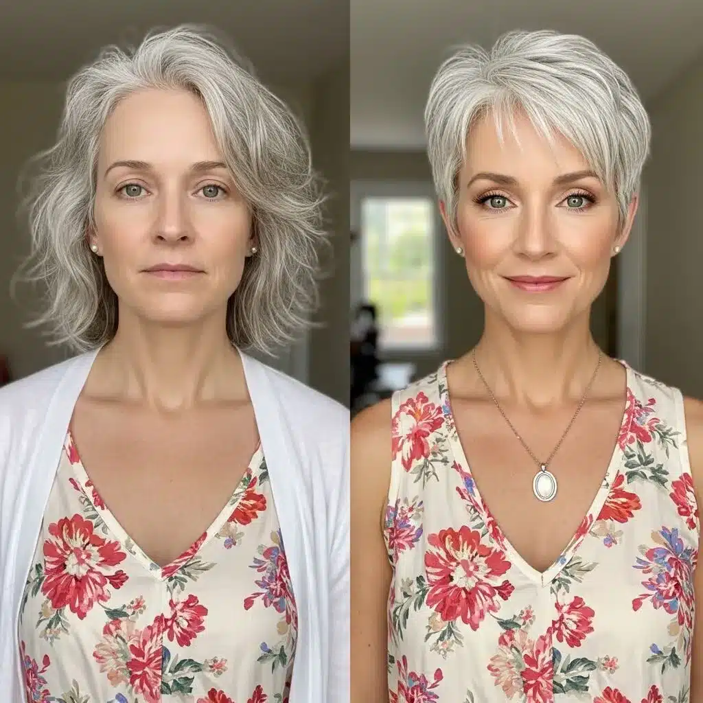 Transformação com pixie cut: visual moderno e rejuvenescido com cabelo curto e prático.