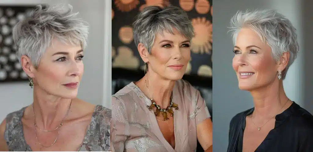 Mulher madura com corte pixie sofisticado e moderno, estilo elegante para mulheres acima dos 50 anos.