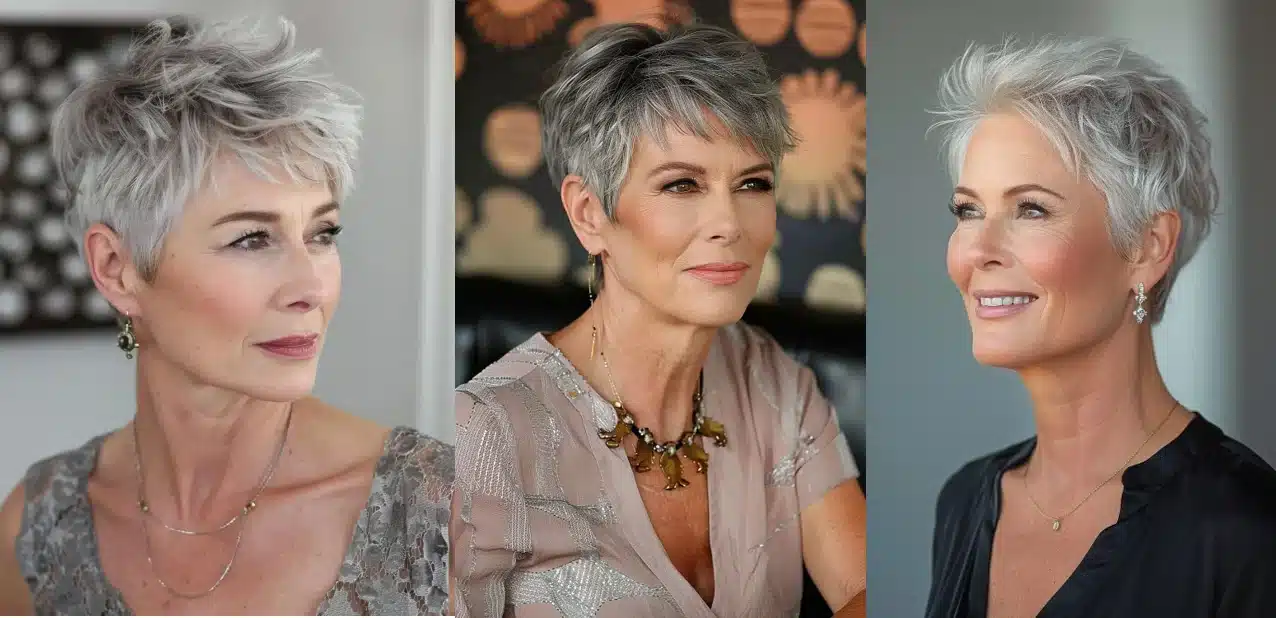 Mulher madura com corte pixie sofisticado e moderno, estilo elegante para mulheres acima dos 50 anos.