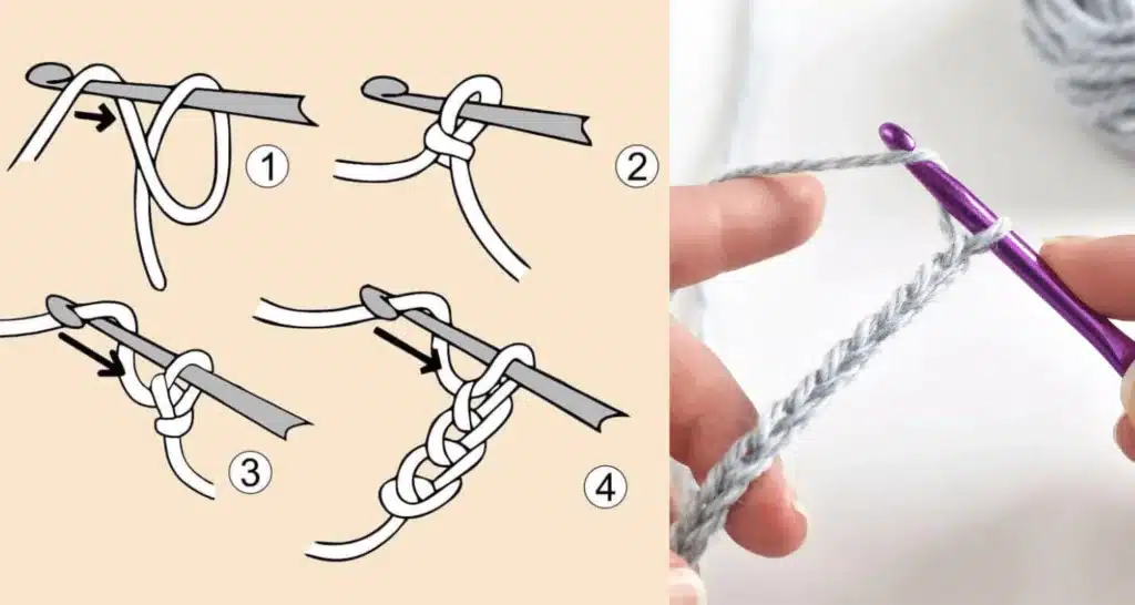 Passo a passo de ponto de crochê, ensinando a técnica da correntinha com uma imagem didática e clara.