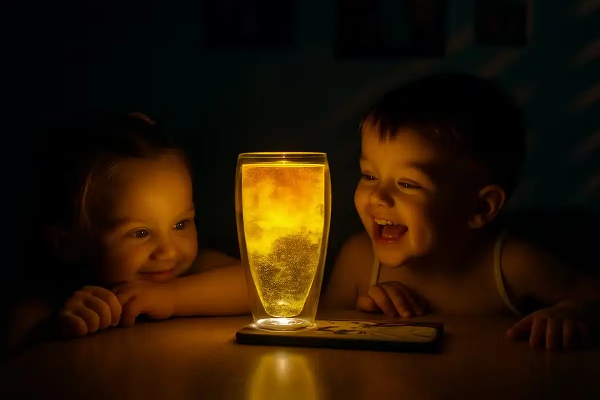 Crianças observando o efeito iluminado de um copo, parte do viral do Pozinho Mágico.