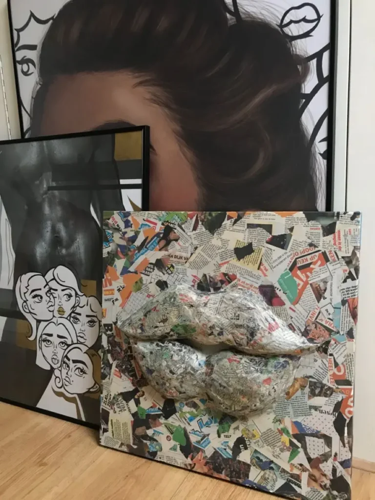 Quadro pop art caseiro com colagem de revistas e cores vibrantes, no estilo Pop Art.