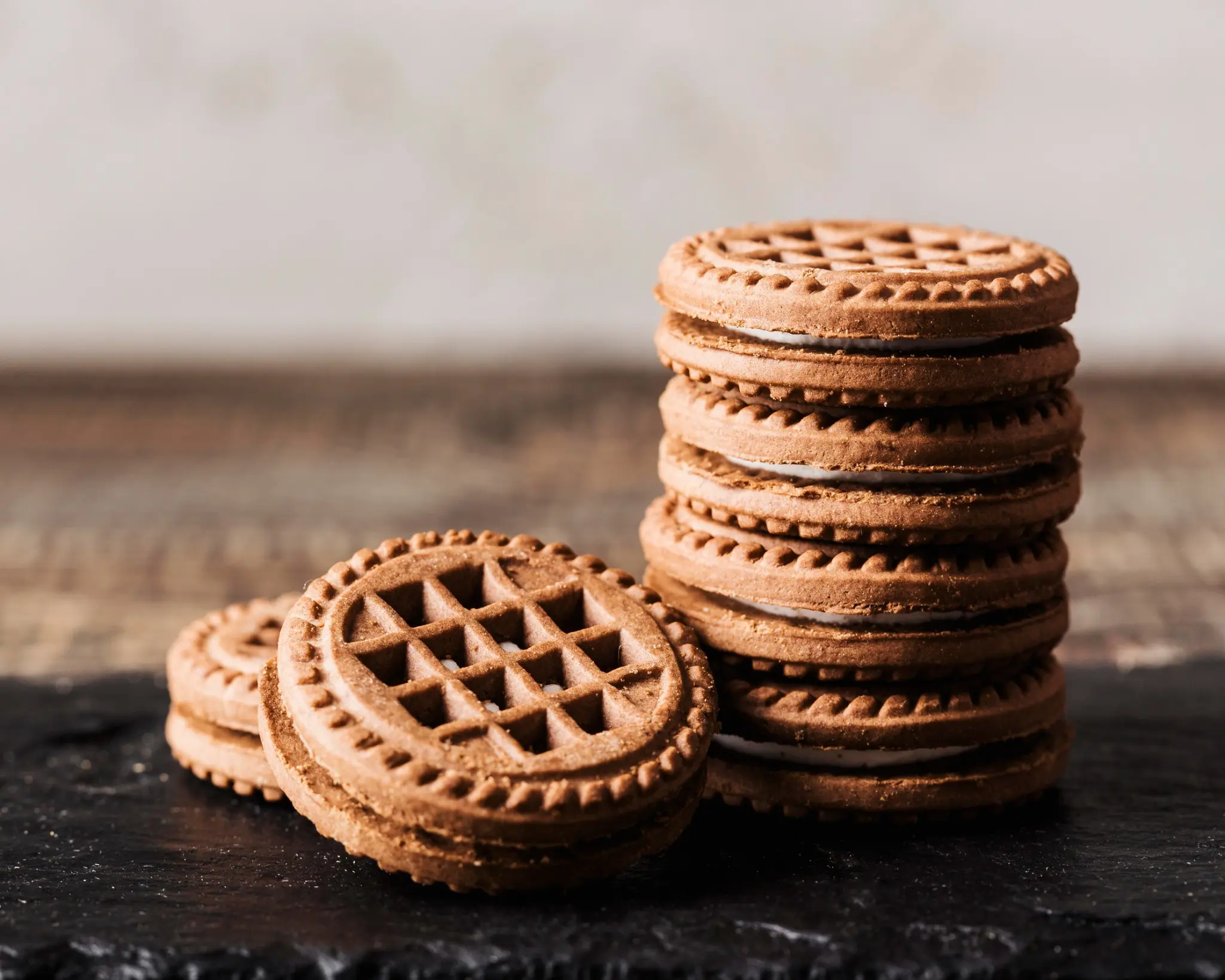 Biscoitos recheados empilhados, representando os mais vendidos no Brasil em 2025, com foco no sabor e textura irresistíveis.