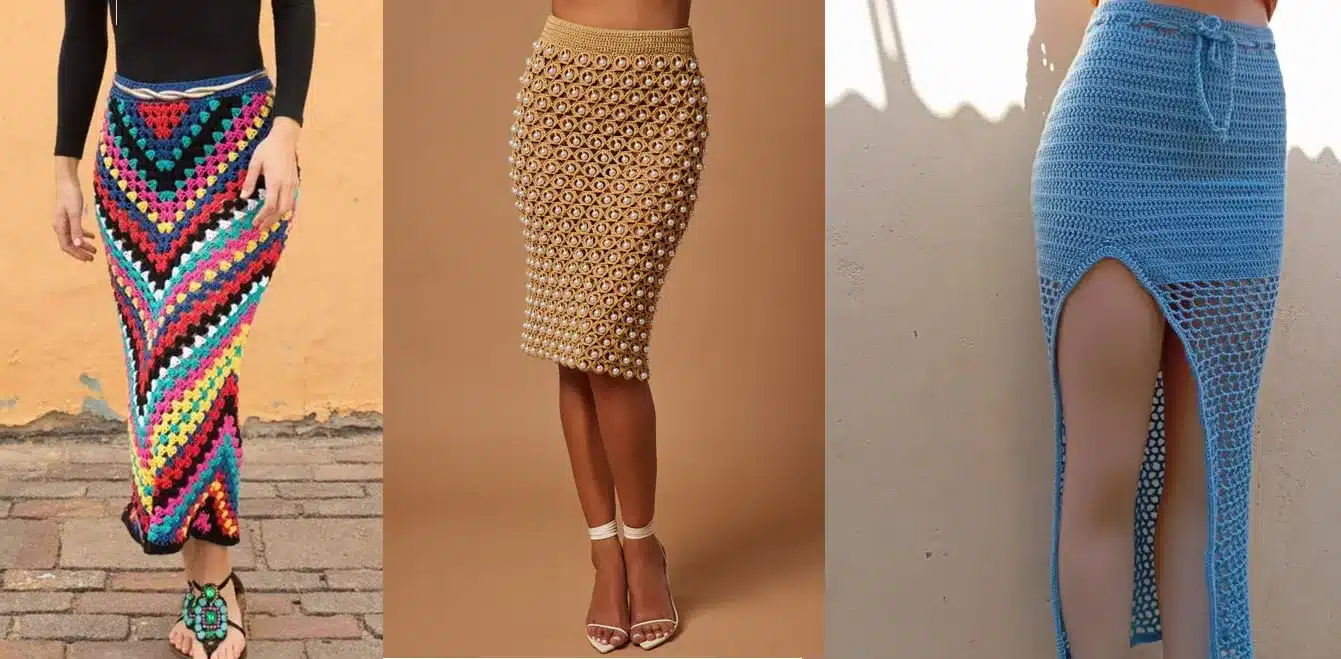 Saia de crochê colorida, com modelos variados e estilosos.