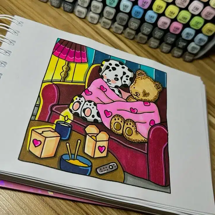 Desenho colorido de um cachorro dálmata e um ursinho de pelúcia deitados juntos em um sofá, cobertos por um cobertor rosa com corações, com comida e controle remoto ao lado.