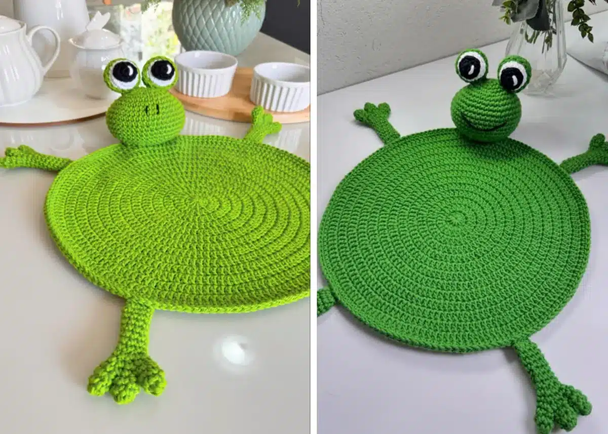 Foto de sousplat infantil em crochê no formato de sapo, ideal para decoração de mesa de crianças.