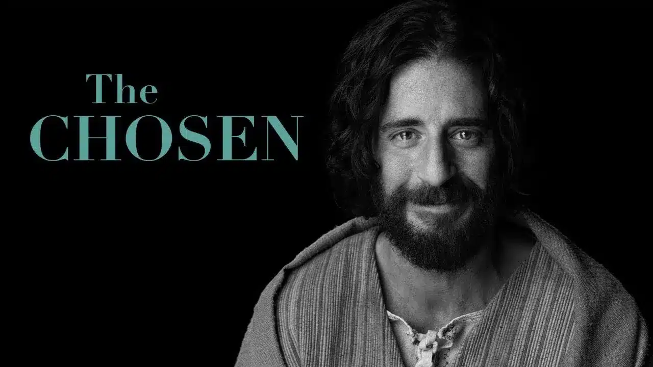 Imagem promocional de The Chosen, mostrando um retrato de Jesus, com o título 'The Chosen' ao lado, para promover a Temporada 5.