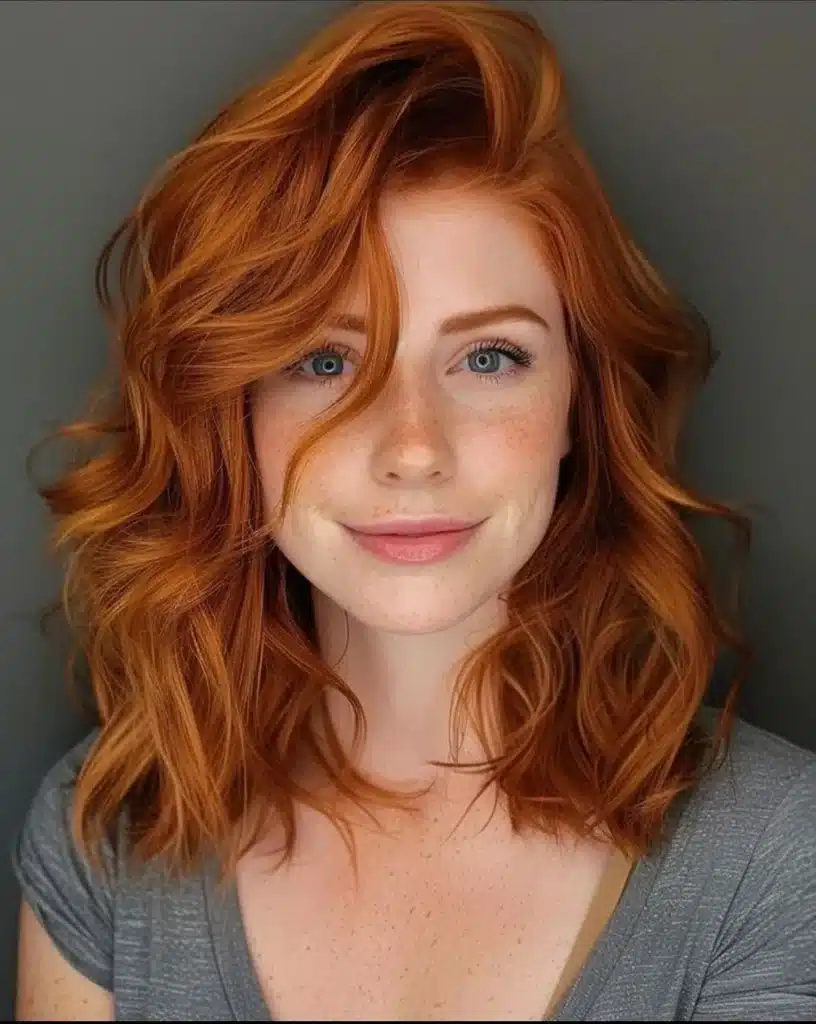Cabelo acobreado com ondas naturais, iluminando o rosto e destacando as sardas, ideal para quem busca energia e personalidade no visual.