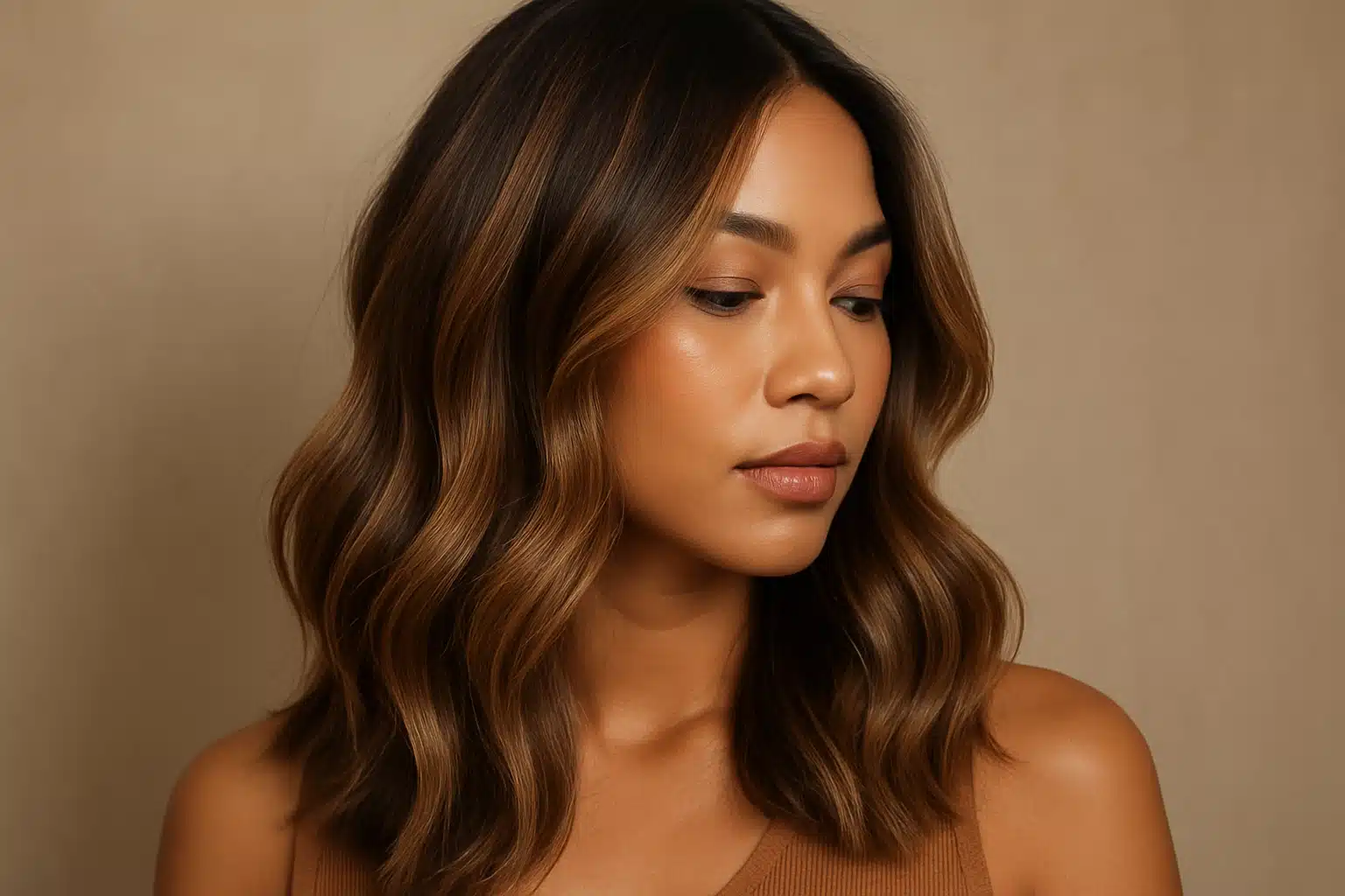 Mulher com cabelo ondulado e iluminado em tons quentes, destacando a cor de cabelo que rejuvenesce e ilumina a pele.