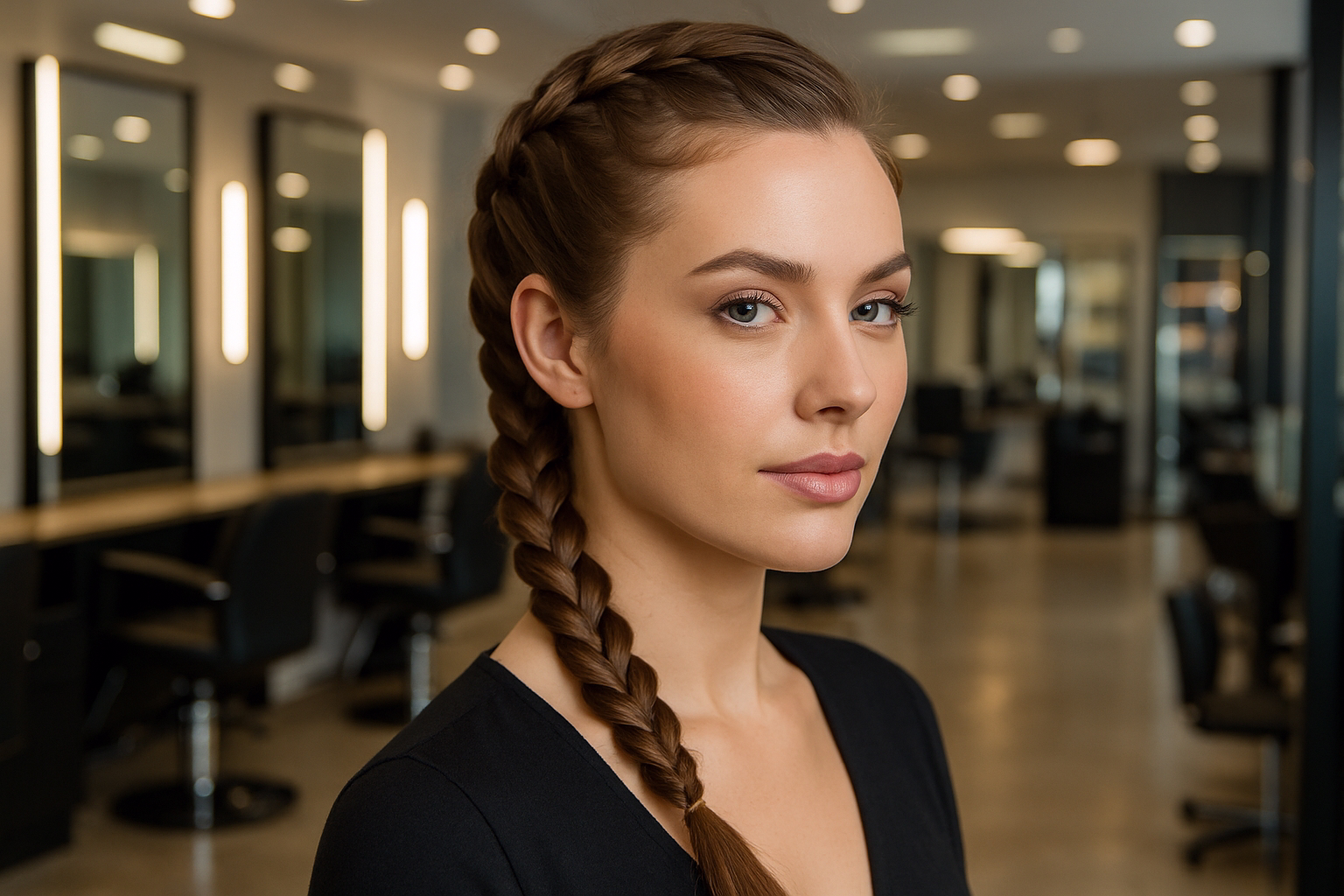 Mulher com trança embutida simples em salão de beleza.