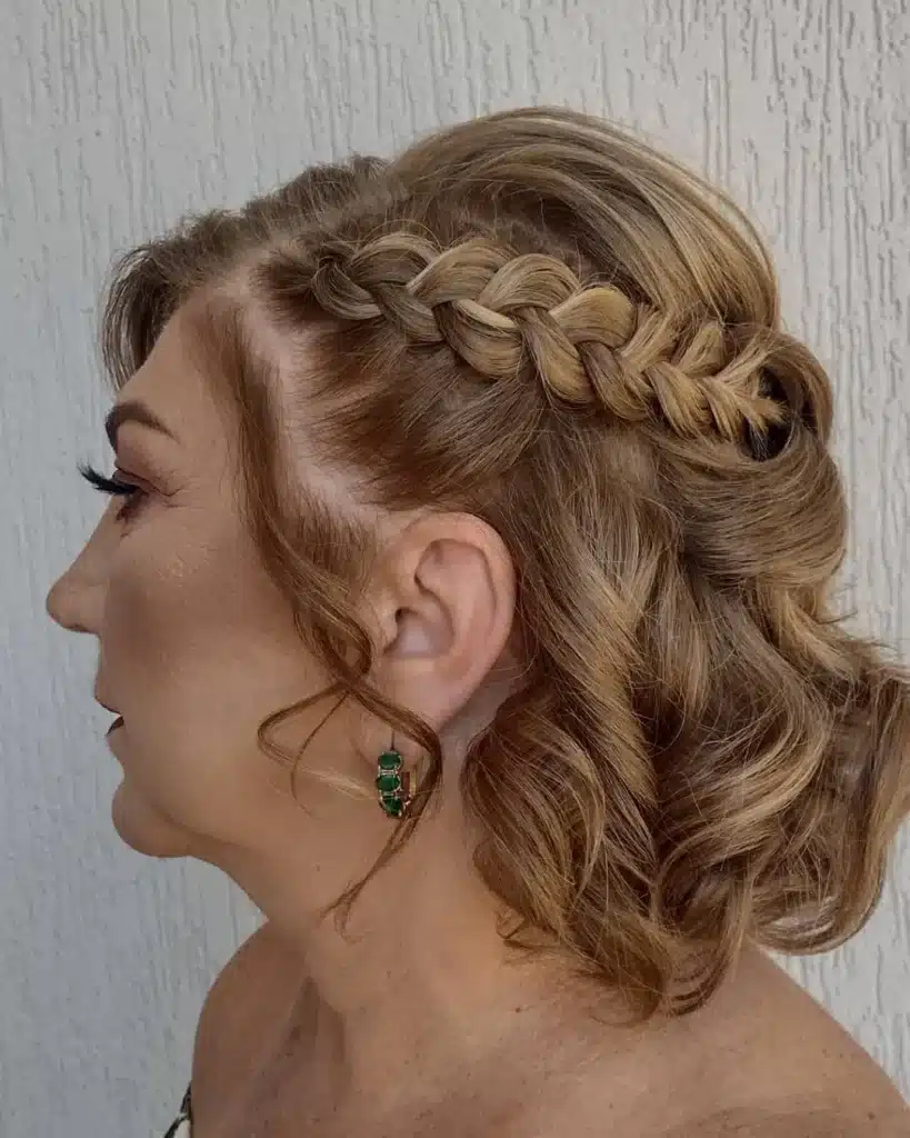 Penteado semi-preso com trança lateral, combinando romance e praticidade com fios soltos e delicados.