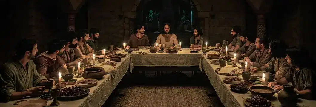 A cena da Última Ceia de Jesus Cristo, retratada na série The Chosen, com Jesus e seus discípulos reunidos ao redor de uma mesa, com velas iluminando o ambiente.
