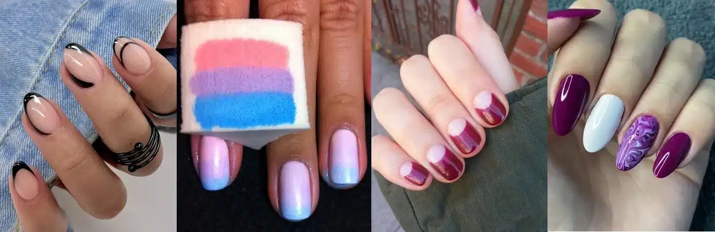 Designs de unhas com estilos modernos: Negative space, degradê com esponja, meia-lua invertida e marmorizada.