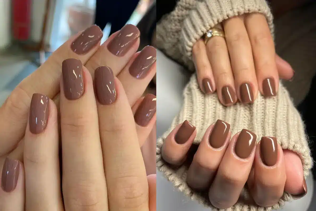 Unhas curtas esmaltadas em tons de marrom com acabamento brilhante.