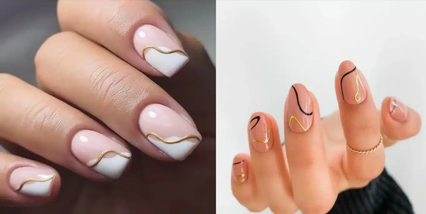 Unhas minimalistas com esmaltes neutros e sofisticados, com detalhes dourados e linhas geométricas.