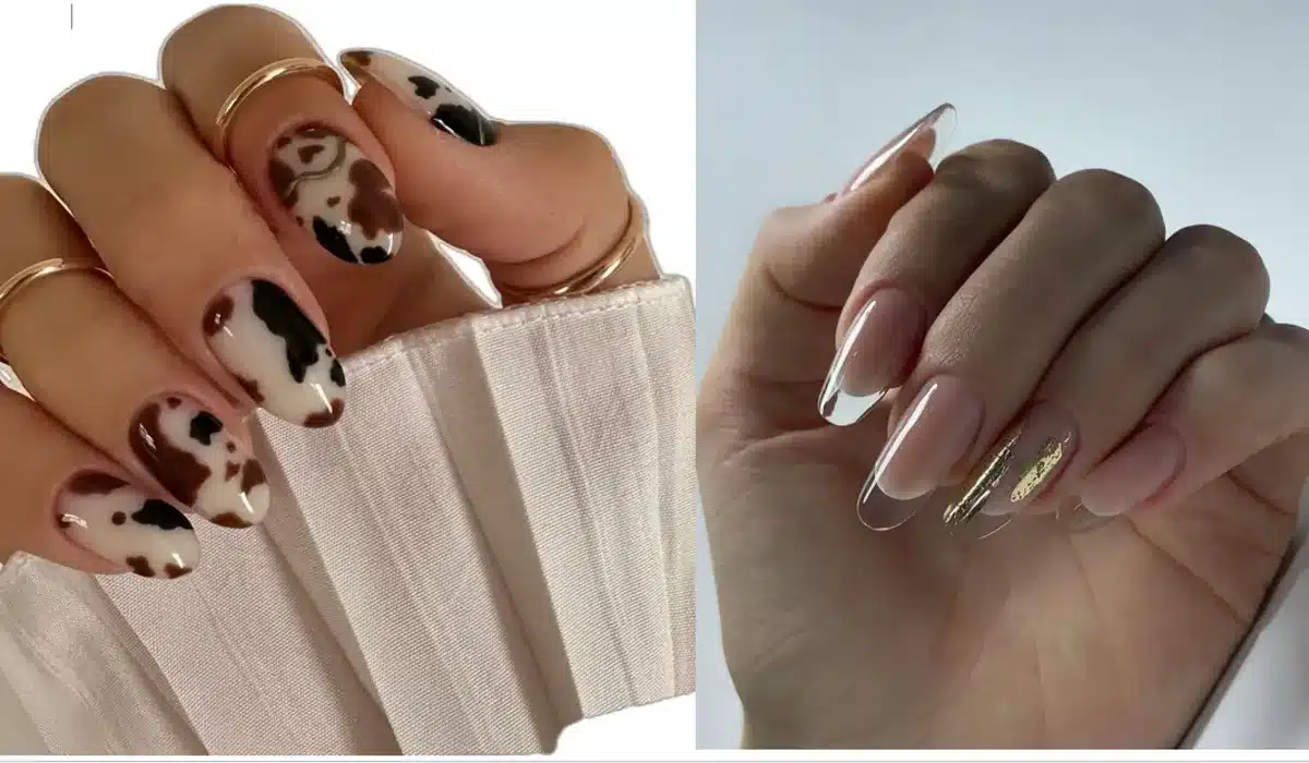 Unhas glamourosas e modernas, com desenhos animal print e estilo transparente com detalhes em dourado.