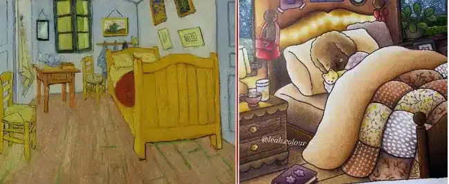 Ilustração de um quarto com móveis coloridos, inspirada nas texturas de Van Gogh e no estilo de Bobbie Goods, mostrando a interação de texturas como madeira e tecidos.