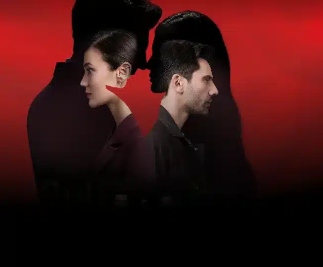 Cartaz da série Yargi, com duas figuras em perfil, um homem e uma mulher, contra um fundo vermelho intenso.