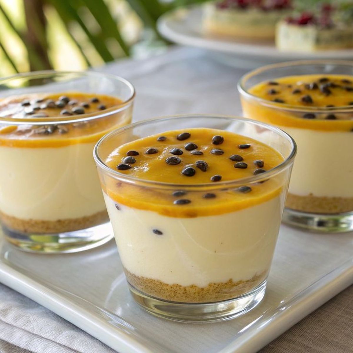 Copinhos de mousse de maracujá com cobertura e sementes da fruta