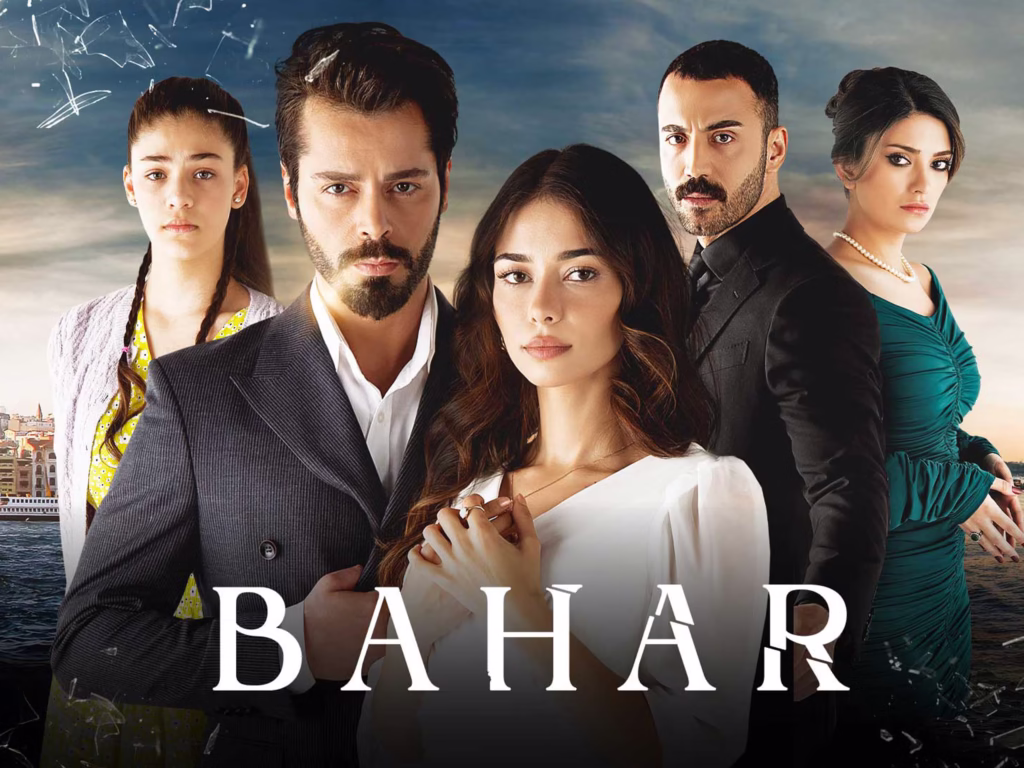 Elenco principal da novela turca Bahar em cenário dramático