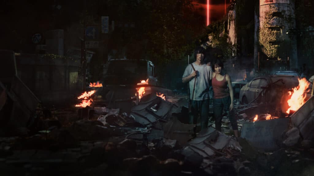 Pôster do dorama japonês 'Alice in Borderland', com os personagens principais em um cenário de cidade devastada, para ilustrar um artigo sobre séries de suspense.