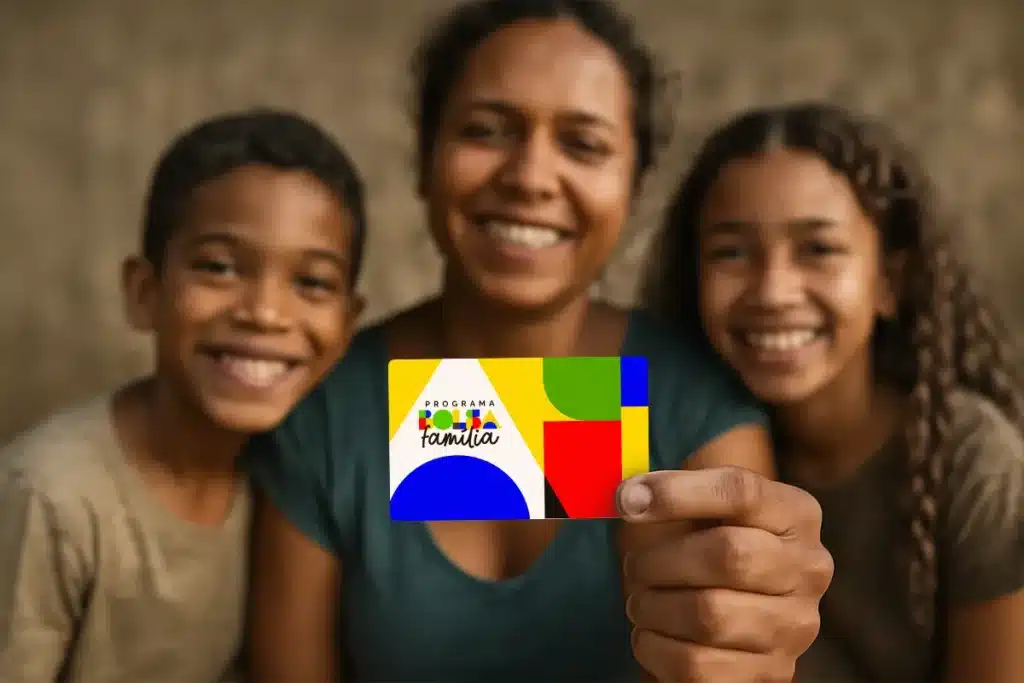 Imagem de uma mãe com seus dois filhos sorrindo, segurando o cartão do programa Bolsa Família, com um fundo desfocado e cores vibrantes no cartão.