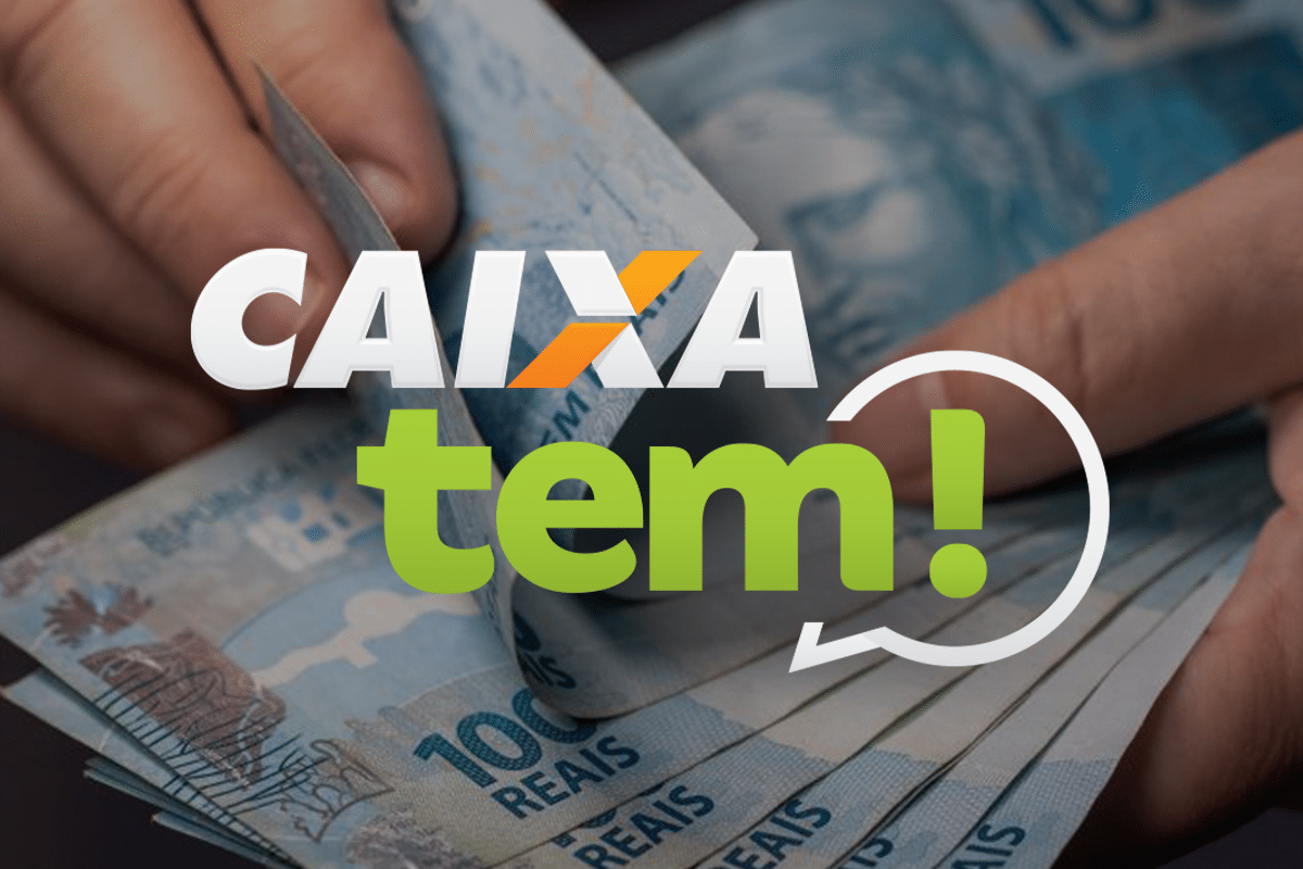 Imagem do aplicativo Caixa Tem com o logotipo sobre notas de 100 Reais.