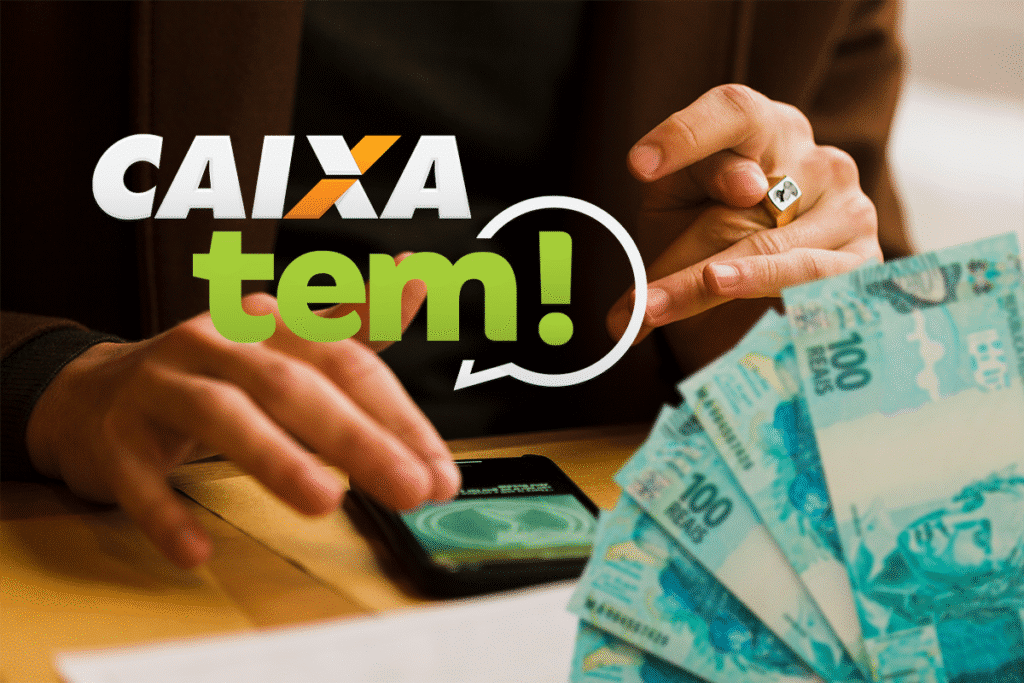 Mãos utilizando um celular com o aplicativo Caixa Tem aberto, ao lado de notas de 100 Reais.