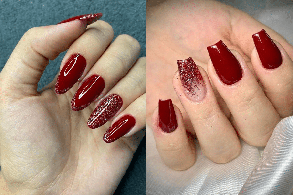 Duas mãos com unhas pintadas de esmalte vermelho e glitter, uma com formato quadrado e a outra com formato amendoado.