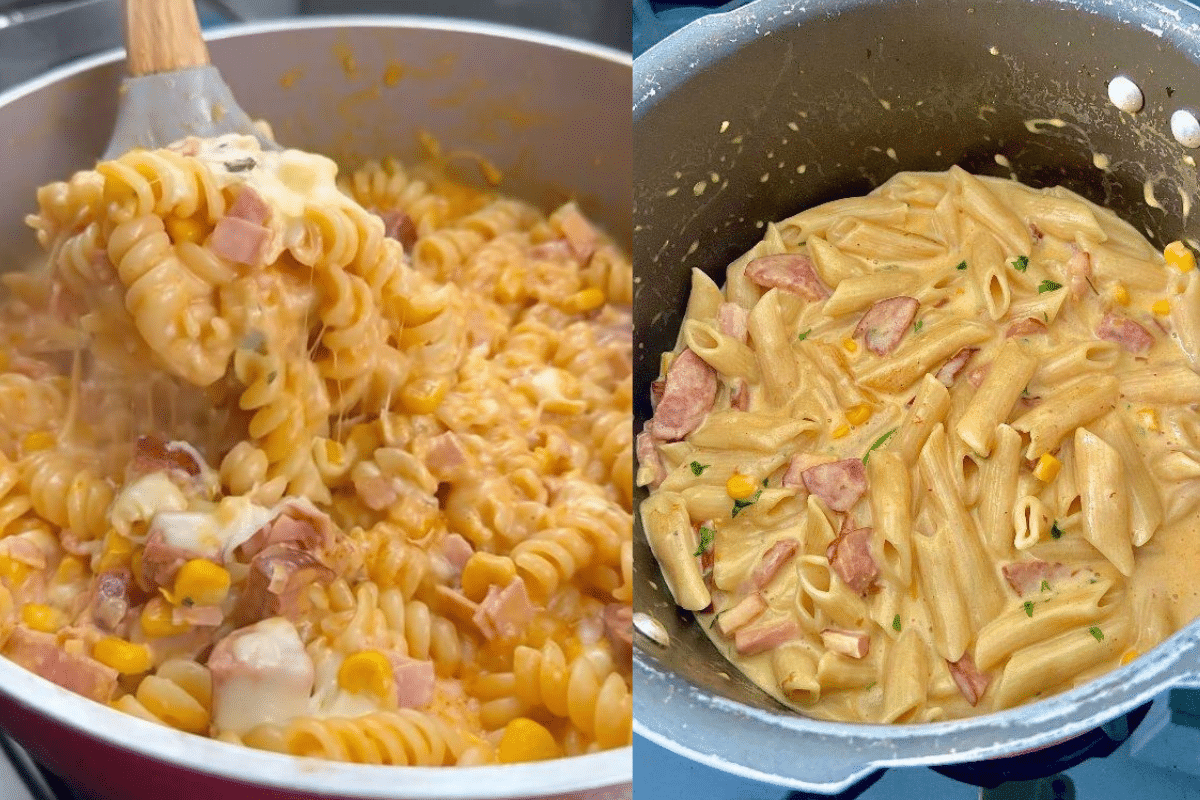 Montagem de duas fotos de macarrão cremoso com molho, presunto e milho, sendo mexido em uma panela e, na outra imagem, já finalizado na panela.