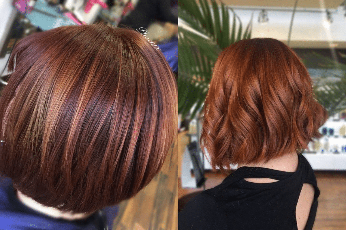 Cabelo castanho com corte bob moderno e mechas acobreadas, exibido em duas perspectivas: traseira com textura lisa e frontal com ondas suaves