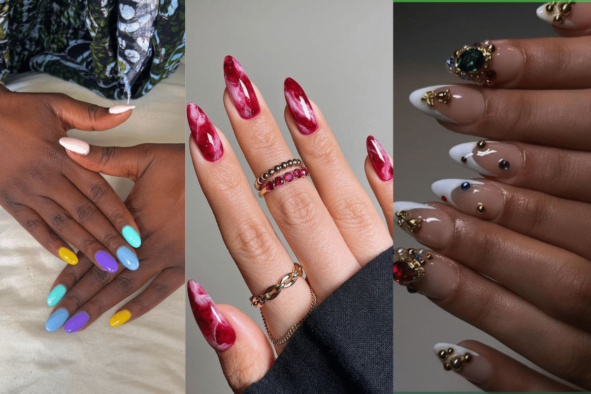 Três exemplos de unhas decoradas: unhas coloridas em tons pastel, unhas de gel com efeito marmorizado e unhas decoradas com joias e pedrarias.