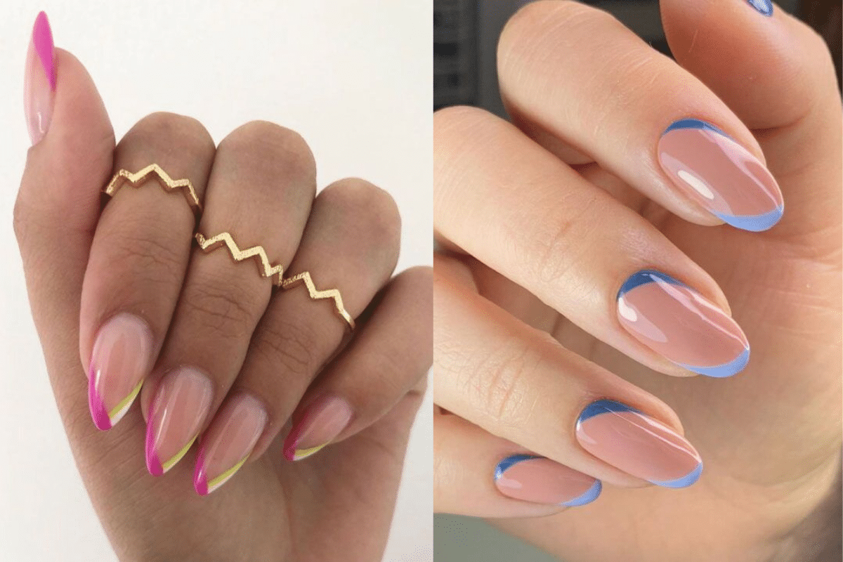 Duas mãos com unhas decoradas em estilo francesinha moderna: uma com linhas duplas em rosa e amarelo neon, e outra com pontas em azul-claro.