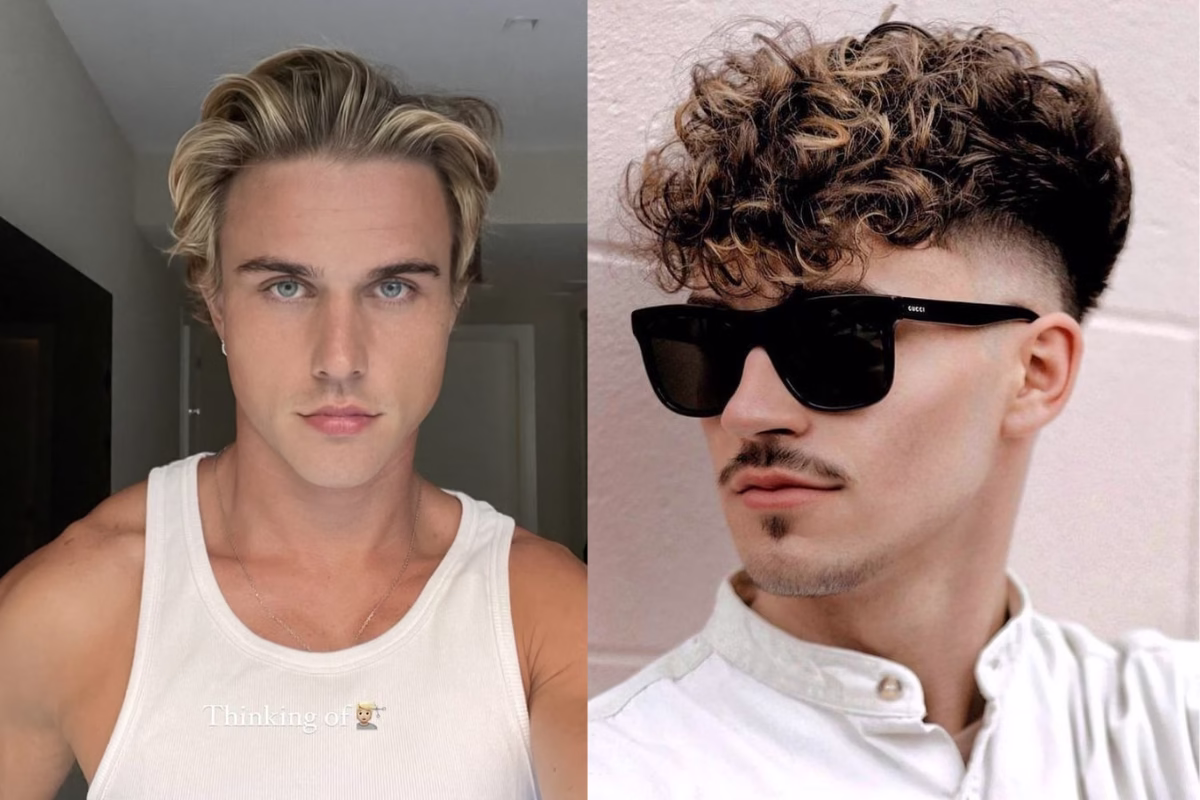 Dois estilos de cabelo masculino com luzes: liso platinado e cacheado com mechas douradas.