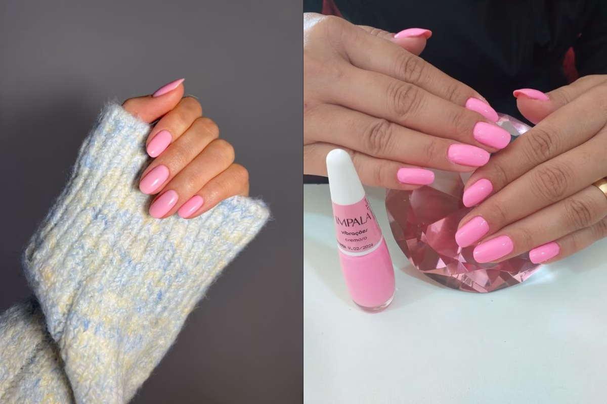 Unhas com esmalte rosa chiclete em dois estilos diferentes
