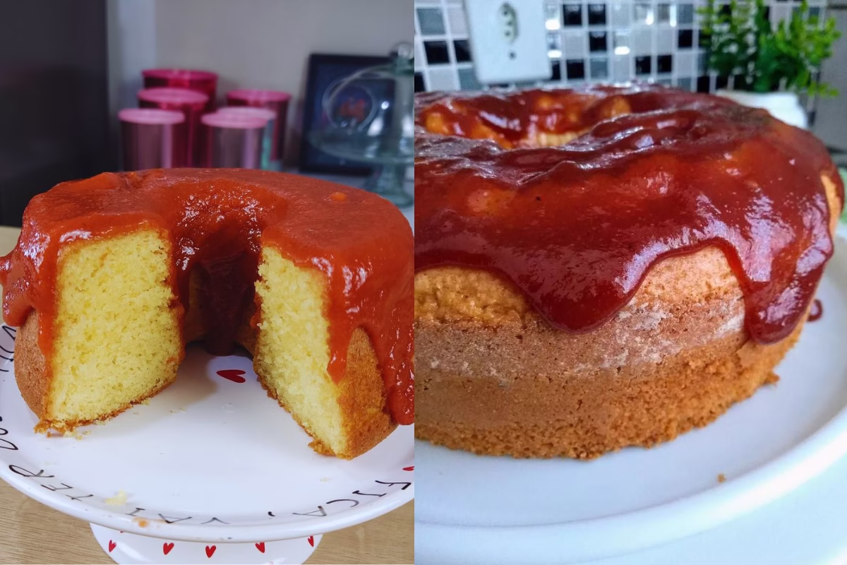 Bolo de fubá com cobertura de goiabada escorrendo, servido em prato decorado