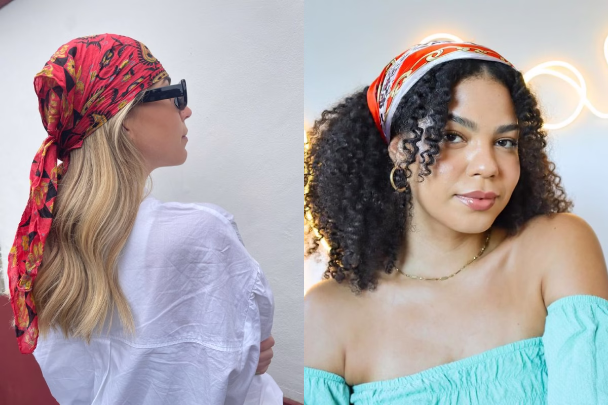 Dois estilos de penteado com lenço vermelho para cabelos lisos e cacheados