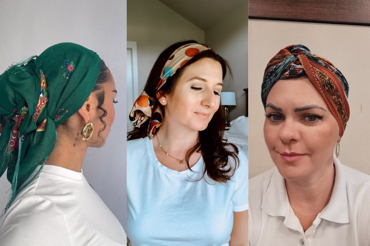 Três estilos diferentes de penteados com lenço para mulheres 50+