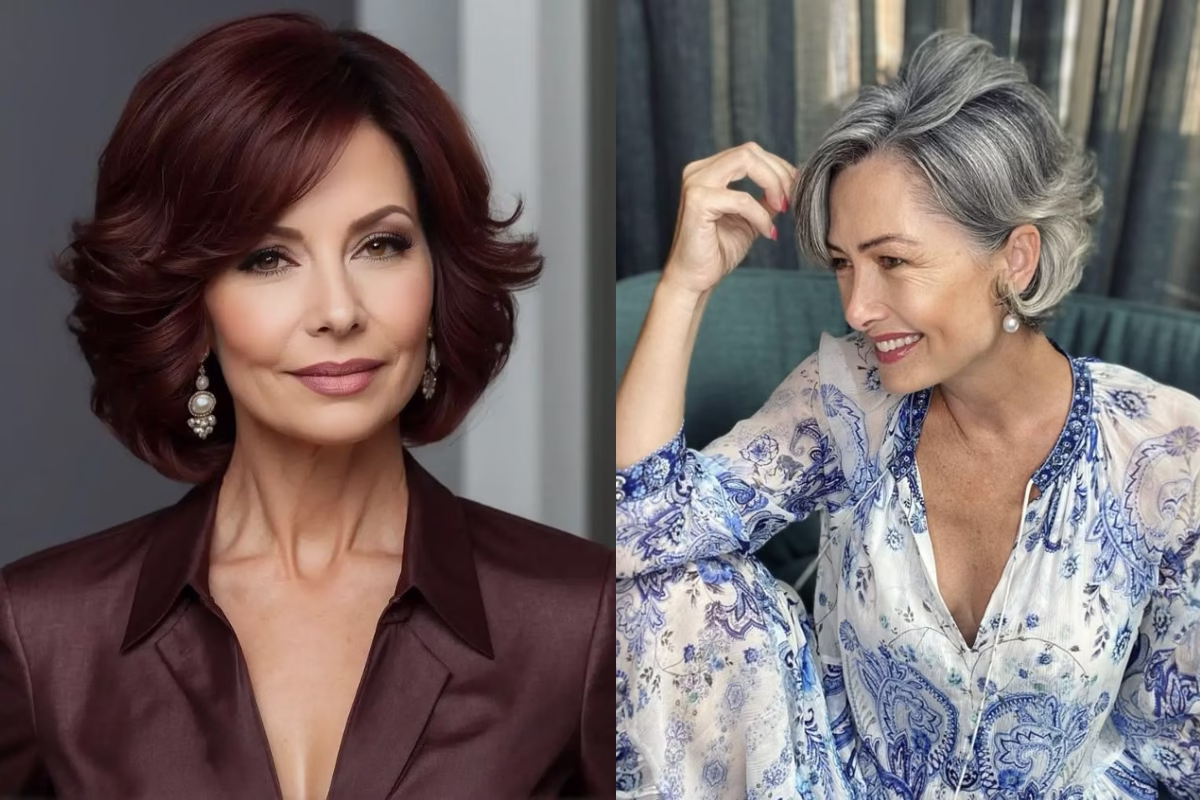 Mulheres maduras com cabelos grisalhos, uma com mechas e outra com fios totalmente brancos