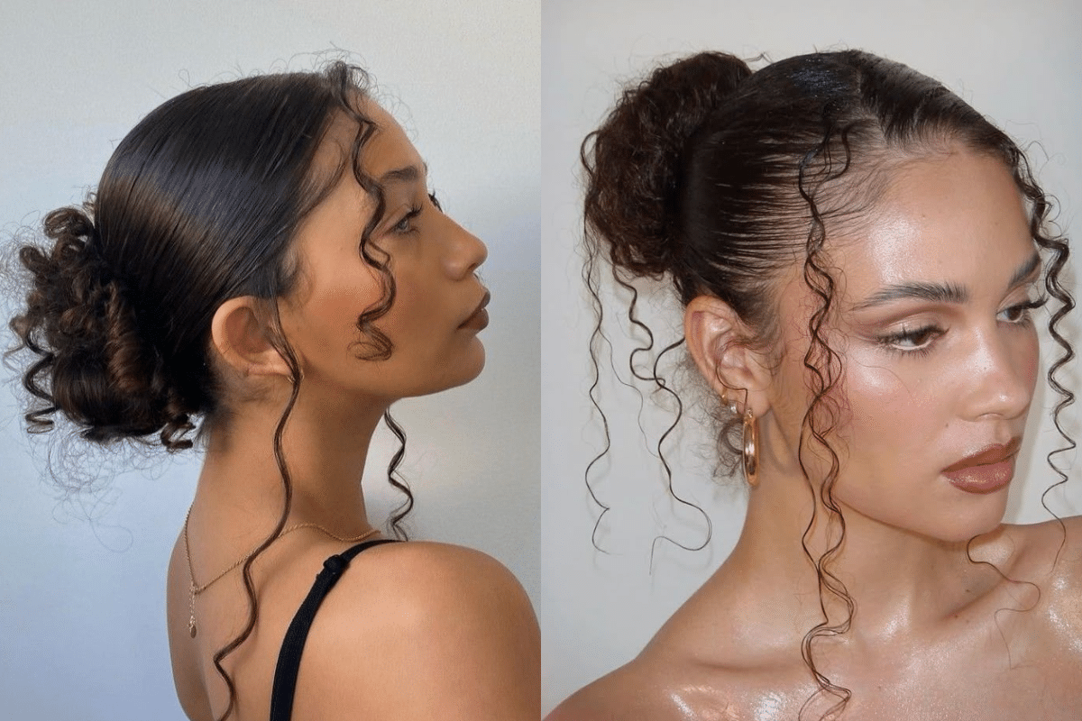 Coques baixos com fios cacheados soltos na frente, perfeitos para festas