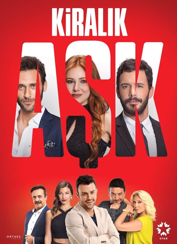 A imagem do elenco da novela turca 'Kiralık Aşk', com os dois protagonistas e os personagens secundários em primeiro plano.