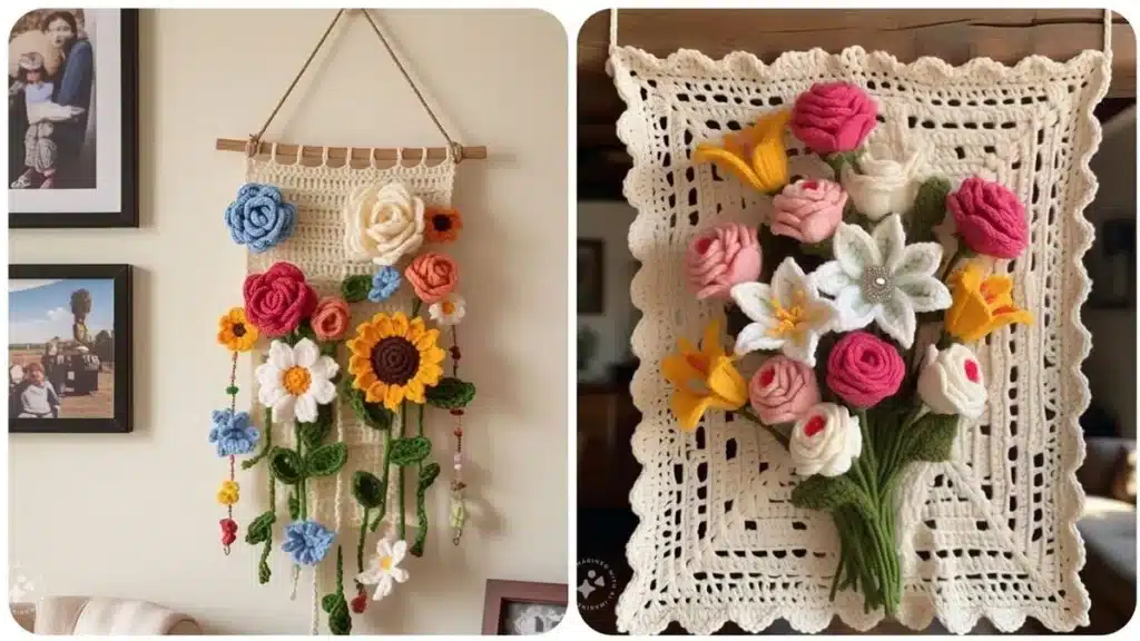 Painel de parede em crochê 3D com flores coloridas, incluindo rosas, girassóis, e lírios, decorando um ambiente aconchegante.
