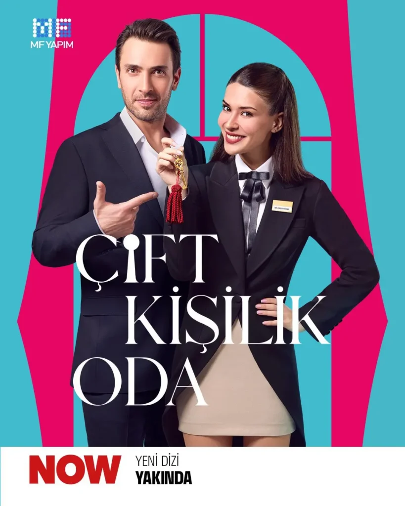 Promoção de nova série 'Çift Kişilik Oda', com dois personagens principais, um homem e uma mulher