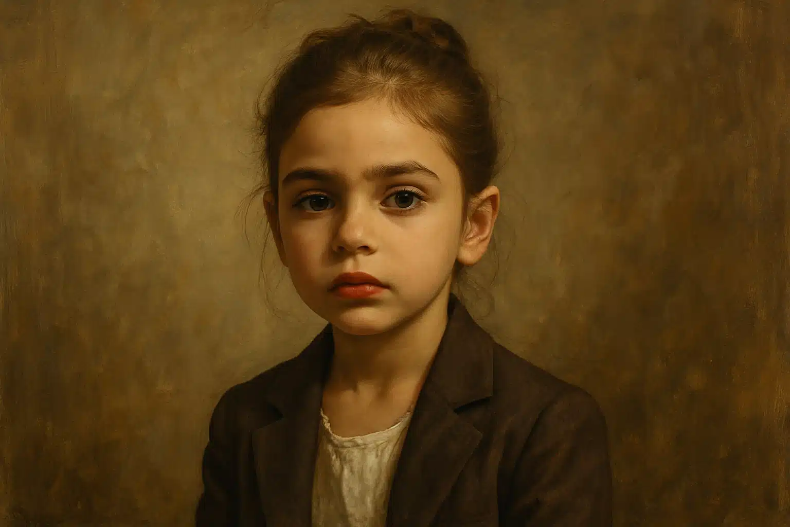 Retrato de uma menina com expressão séria, vestindo paletó marrom