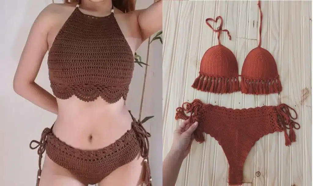 Biquíni de crochê boho com franjas em cores vibrantes, ideal para o a primavera 2025