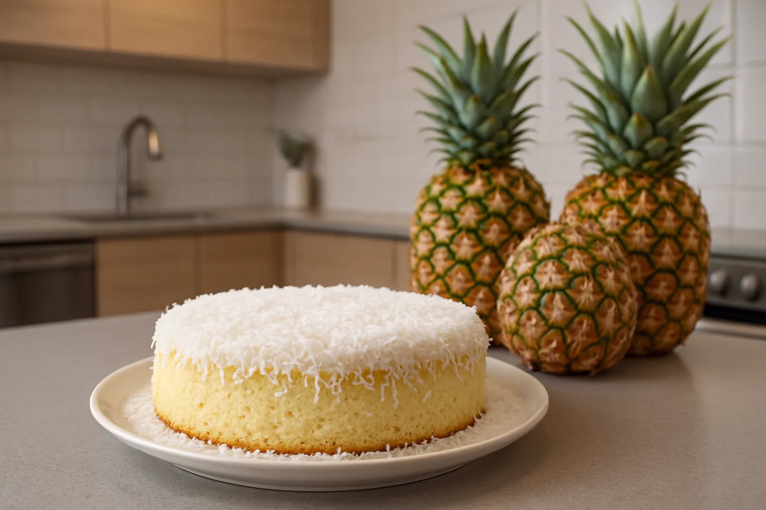 Bolo gelado de abacaxi coberto com coco ralado, uma sobremesa tropical e refrescante, ao fundo, abacaxis frescos.