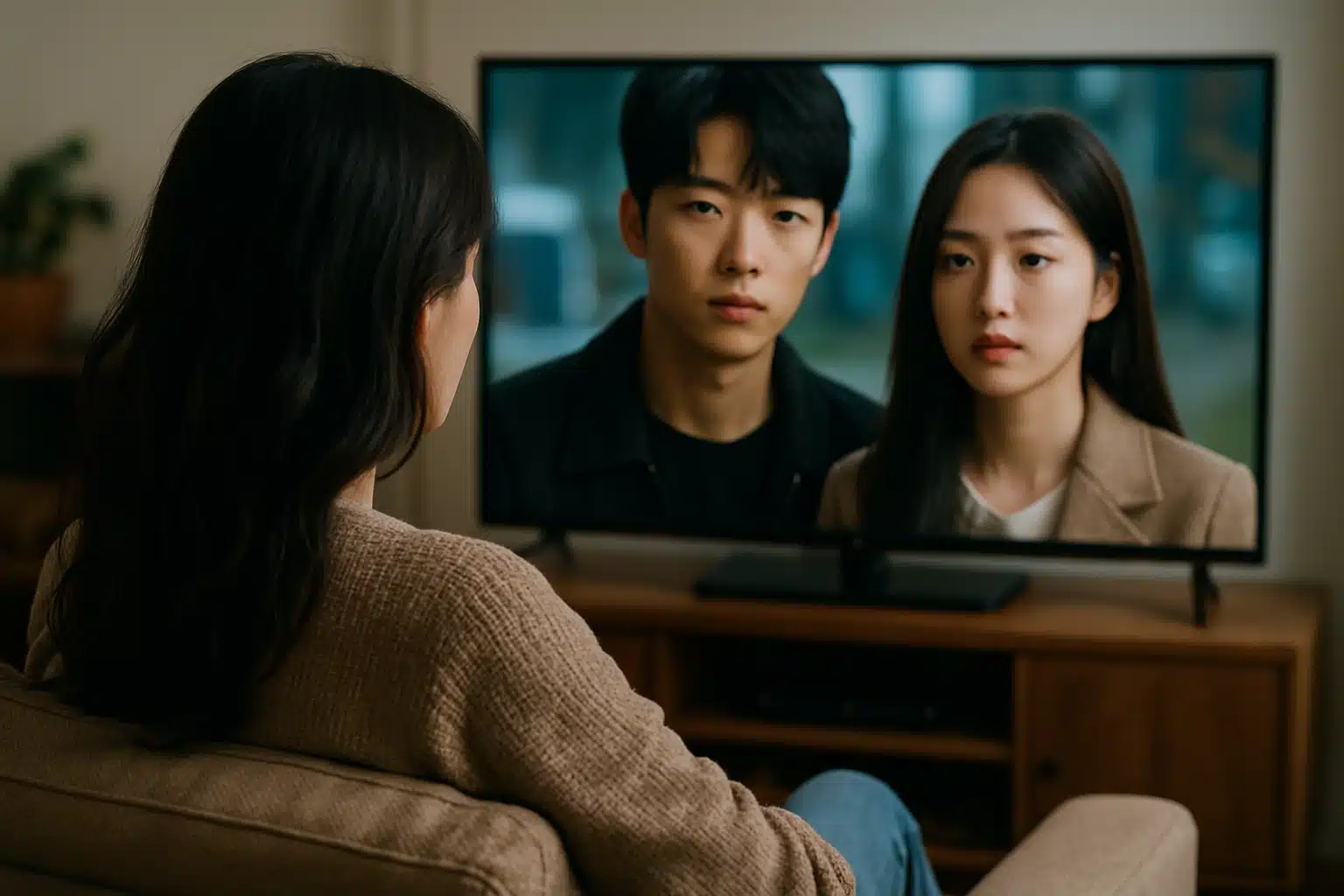 Mulher de costas assiste a um dorama de romance em uma TV de tela plana, mostrando um casal jovem na tela.