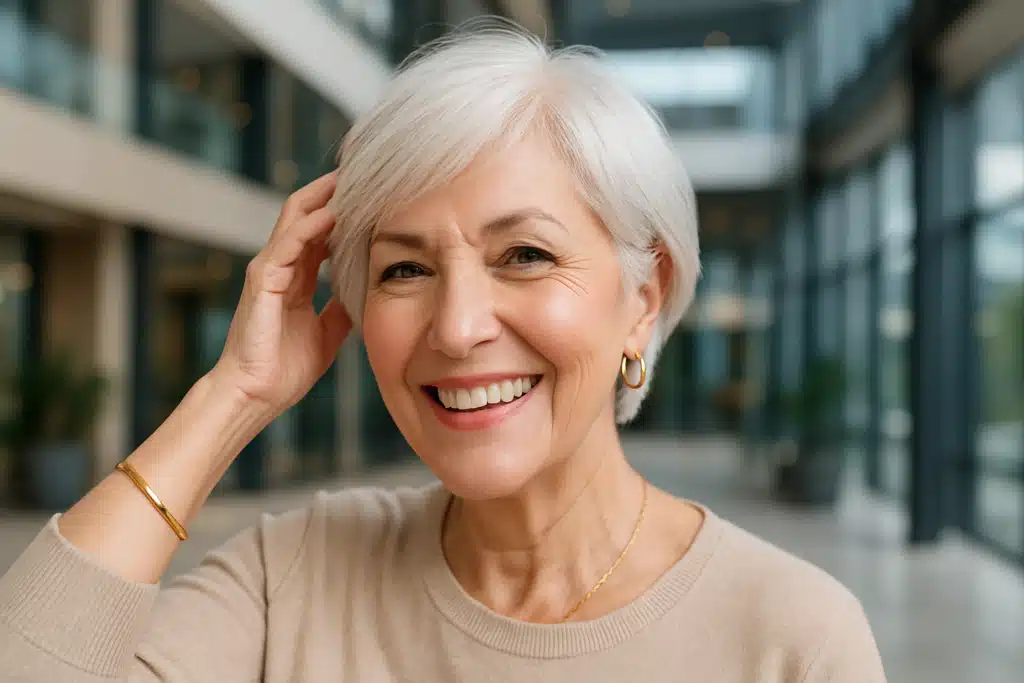 Mulher sorrindo com cabelos brancos naturais, destacando a beleza da idade.